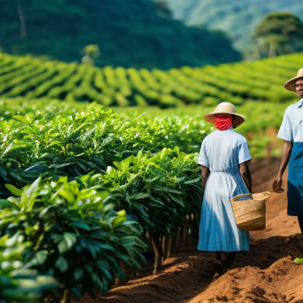 브랜드 마케팅 트렌드 분석 사례 - **Prompt:** A heartwarming and authentic scene depicting a diverse group of coffee farmers, ranging ...