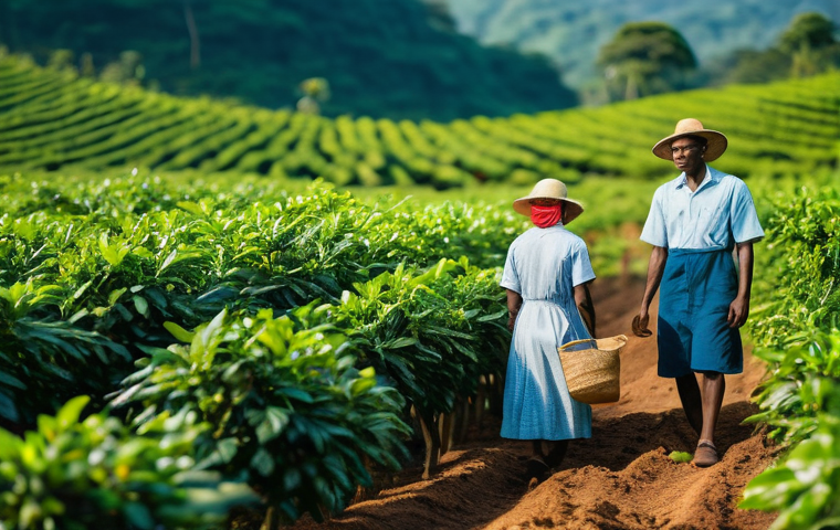브랜드 마케팅 트렌드 분석 사례 - **Prompt:** A heartwarming and authentic scene depicting a diverse group of coffee farmers, ranging ...