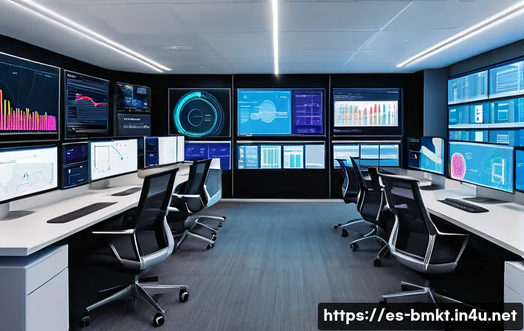 브랜드 마케팅과 빅데이터 활용법 - A modern digital marketing control room filled with multiple large screens displaying real-time cons...