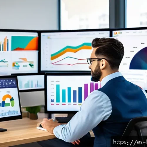 Home 33 브랜드 마케팅 분석 툴 활용법 - A professional digital marketing analyst in a modern office setting, analyzing colorful data charts ...