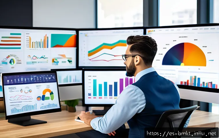 브랜드 마케팅 분석 툴 활용법 - A professional digital marketing analyst in a modern office setting, analyzing colorful data charts ...