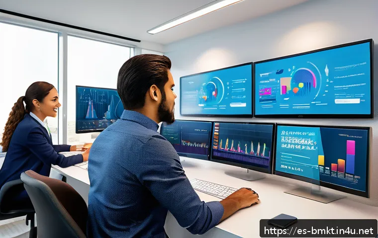 브랜드 마케팅 캠페인 효과 측정법 - A vibrant digital marketing control room with multiple large screens displaying real-time analytics ...
